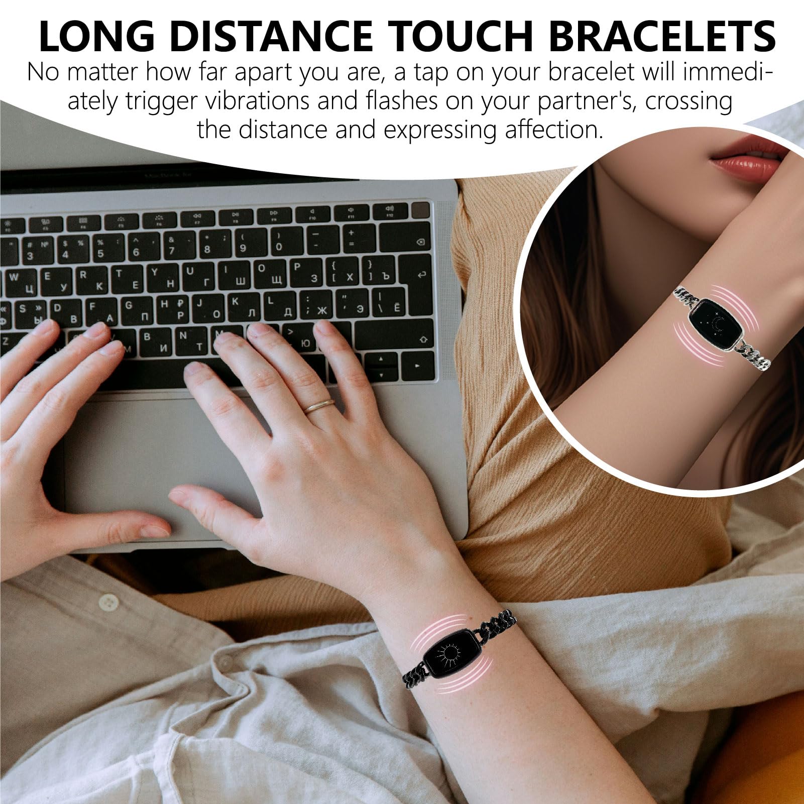 PNMNBW Long Distance Touch Bracelets for Couples, Vibration & Light up | Long Distance Couples Bracelets Relationship Gifts for Girlfriend Bluetooth Pairing Jewelry Xmas Gifts