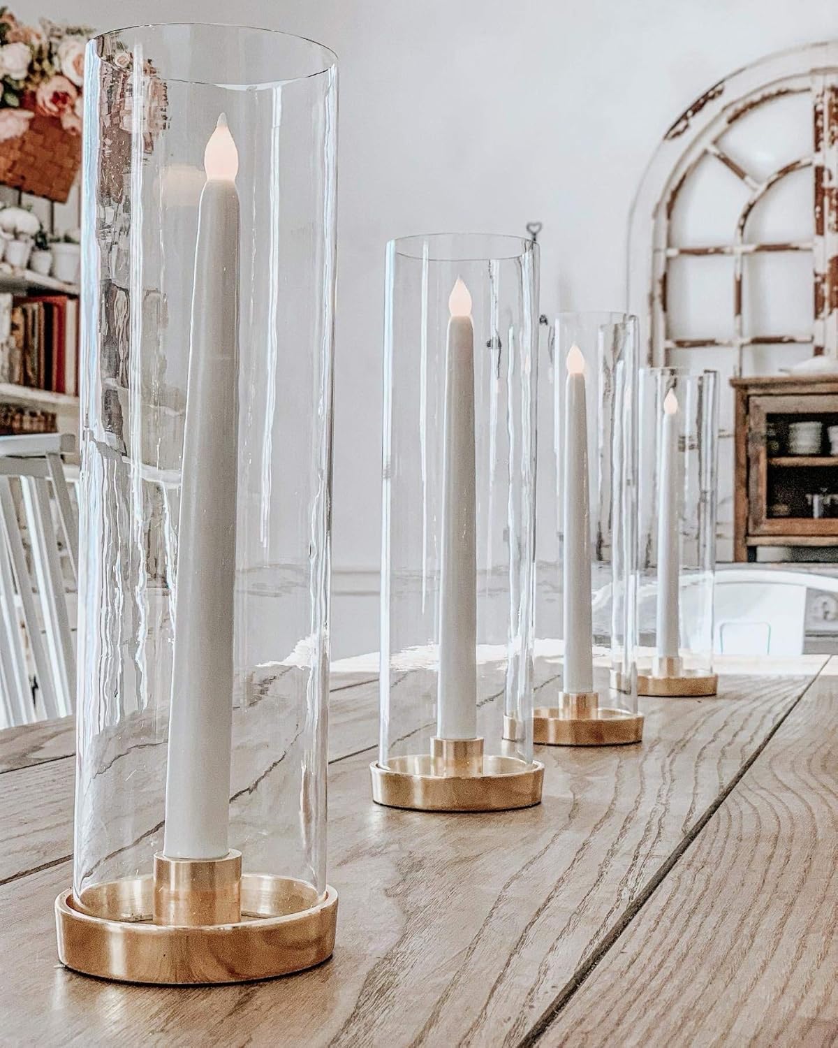 Hurricane Taper Candle Holder - Clear Glass Chimney with Brass Base, 12 Inch Tall, 3 Inch Diameter Tube, Wedding Table Centerpiece, Fits Standard Tapered Candlesticks: Kitchen & Dining