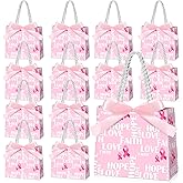 Weekgrat 25 Pack Small Breast Cancer Awareness Gift Bags Pink Ribbon Tote Bags with Handles Bow Hope Love Breast Cancer Fighter Gifts for Women Awareness Party, 5.51 x 2.36 x 4.72 Inch