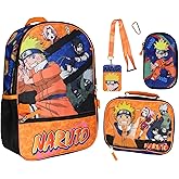 Bioworld Naruto Shippuden Squad 17"" Travel School Laptop Backpack 4 Piece Bookbag Set, Orange