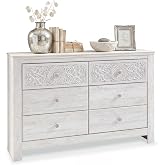 Signature Design by Ashley 6-Drawer Bedroom Dresser, Whitewash, Paxberry | Durable engineered wood and decorative laminate, Arrives pre-assembled for a 5-minute setup, Boho chic whitewash design