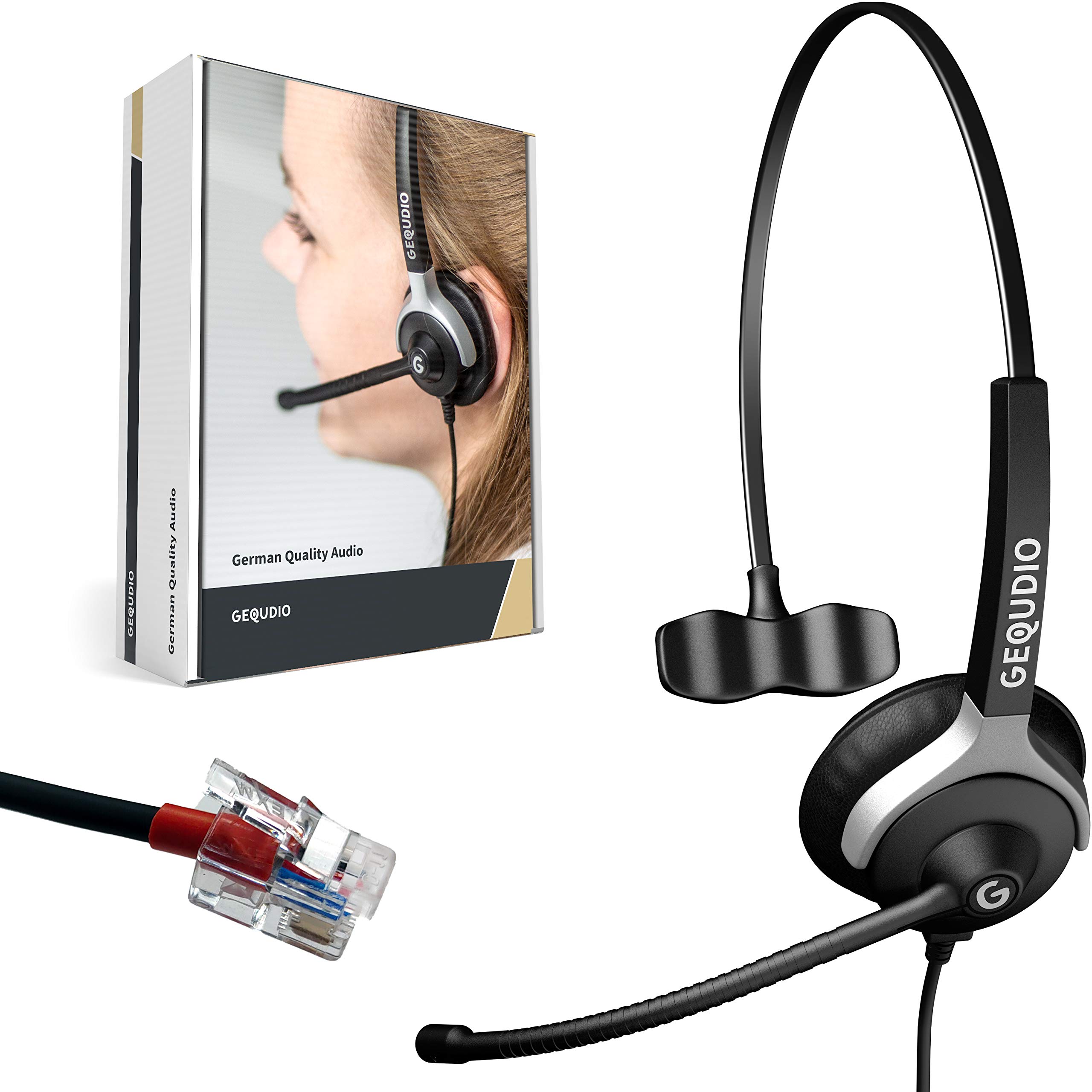 GEQUDIO Headset Compatible with Yealink, Snom, Avaya, Grandstream Phone - Includes RJ Cable - Headphones & Microphone with Replacement Pad - Especially Light 60g (1-Ear)
