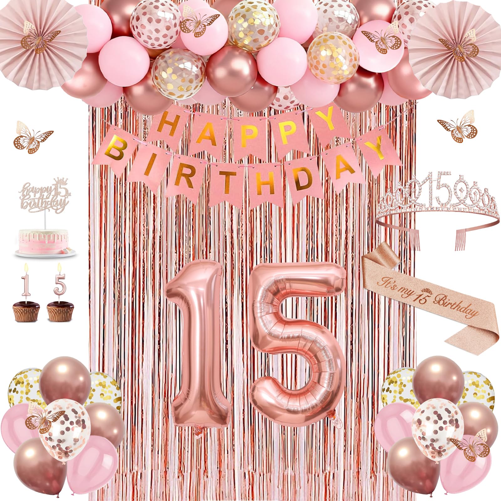 View 1 of 15th Birthday Decorations for Girls, Rose Gold 15 Birthday Girl Decorations with Sash and Crown, Banner, Fringe Curtains, Hanging Paper Fans, 15 Year Old Party Supplies Set