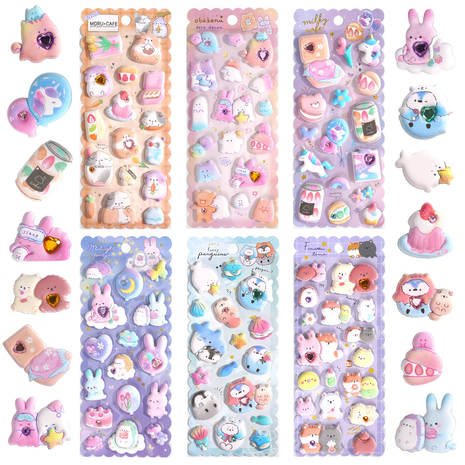 Thick Puffy Stickers for Kids Girls Cute Kawaii Japanese Soft Stickers for Teens Large 3D Squishes Stickers with Gem Embellishment Reusable Puff Stickers for Stationary Phone Case,6 Sheets.