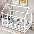 LLS Twin Montessori Floor Bed, Wooden Floor Bed Frame with Slats and Fence, House Bed for Boys Girls Bedroom, White