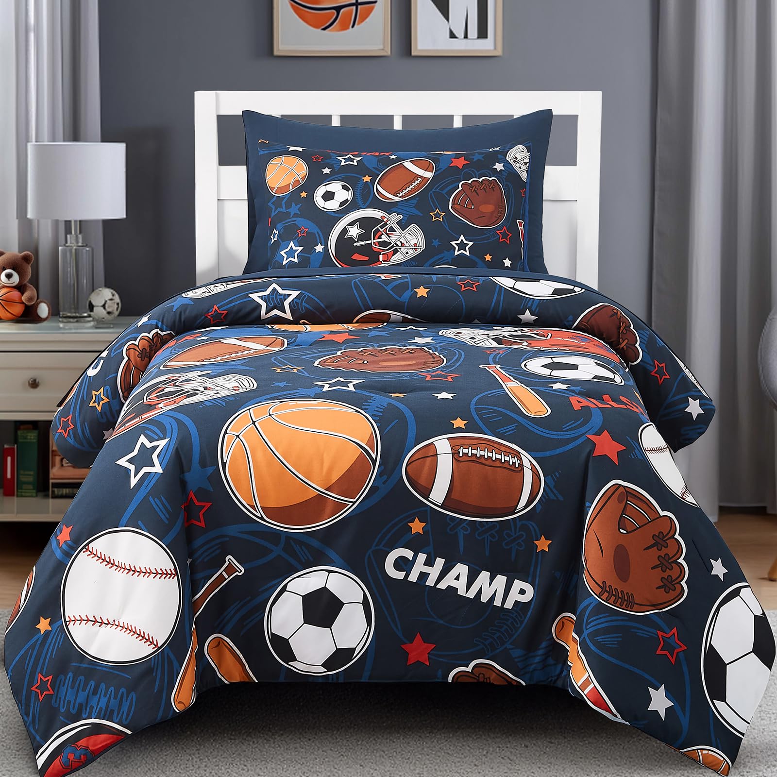 Photo 1 of Wink Deer Twin Comforter Set for Boys-5 Pieces Sports Ball Games Glow in The Dark Twin Bedding Sets for Kids, Ultra Soft Bed in A Bag with Sheets