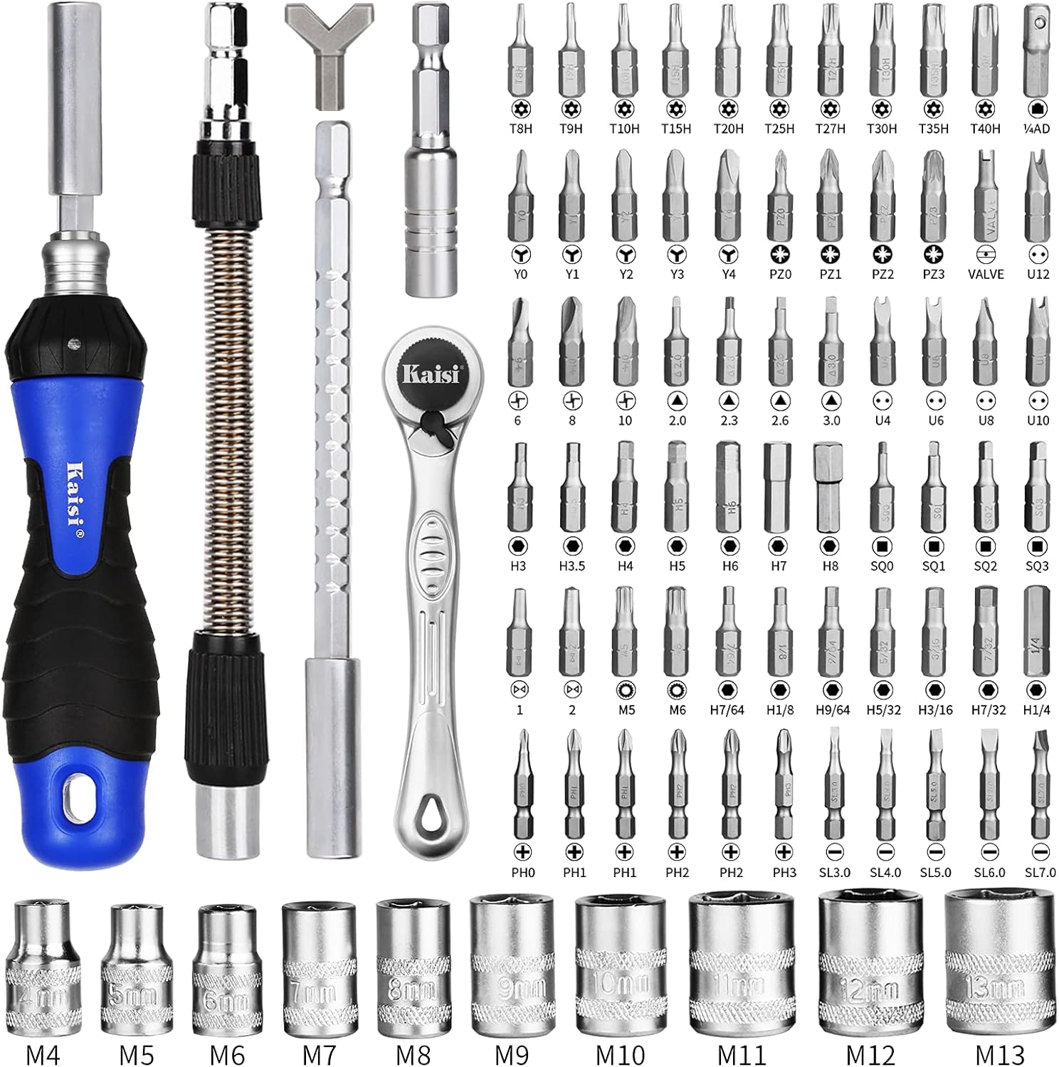 Kaisi 87-Piece Ratcheting Screwdriver Set Ratchet Wrench Magnetic Drive Kit 67 Multi-Size Bits and 1/4" Drive Sockets with Portable Oxford Bag for Home Repair, Improvement, Garage. Best Tool Set Gift: Home Improvement