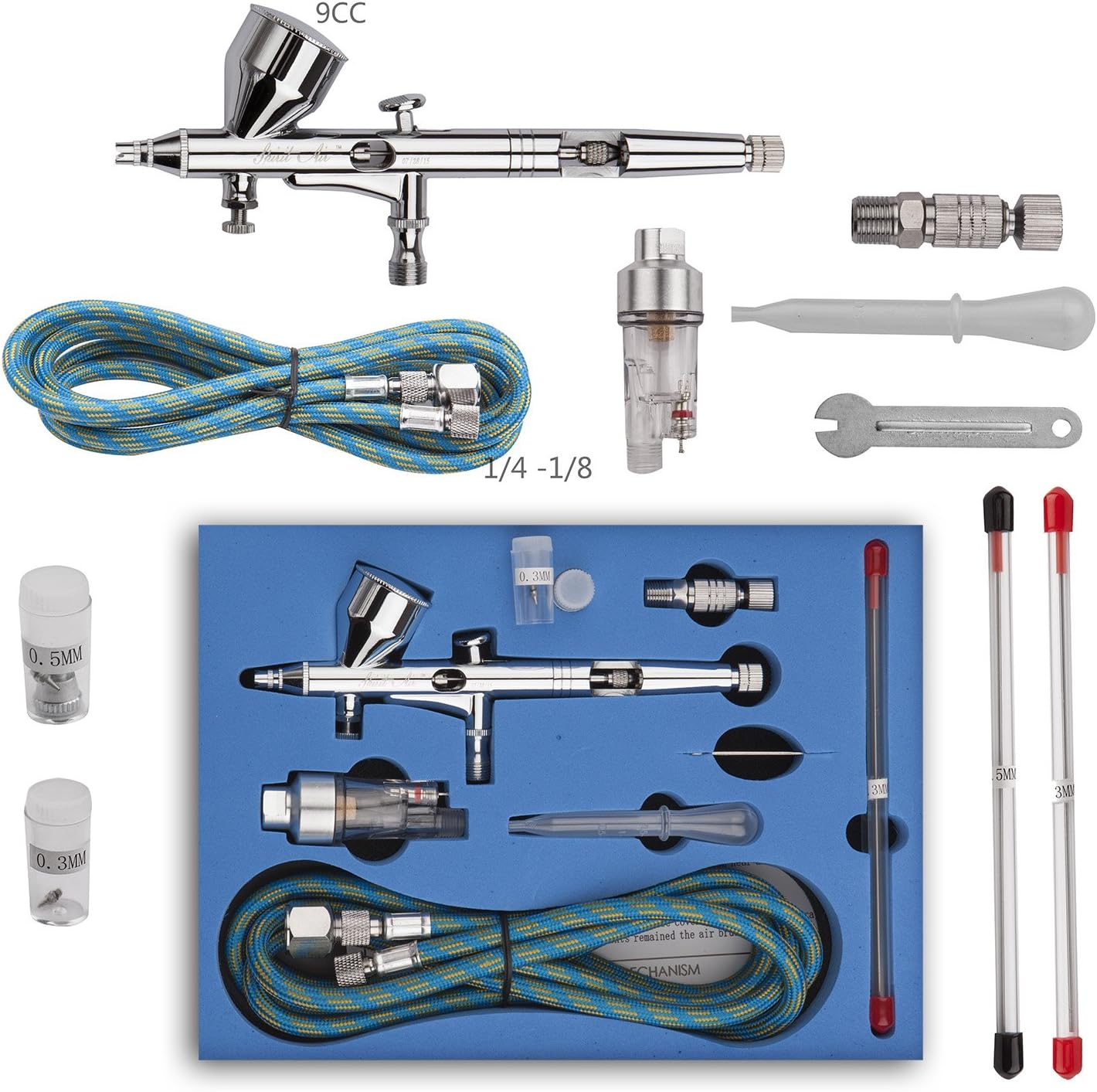 BESTFACTORY Double-action Trigger Air-paint Control Airbrush SP180K Dual Action Airbrush Kit 0.2mm/0.3mm/0.5mm Needle Air Brush Spray Gun Paint for Art&Craft Airbrush Tatoos,Cake,Model,Car Paint Nail Design Model-railroad Detailing
