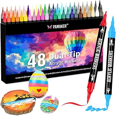 Pamaker 48 Farben Acrylstifte Set – Acrylmarker mit feiner Spitze und Pinsel für Stoff, Leinwand, Glas, Holz und Papier – zum Zeichnen und DIY-Bastelprojekte