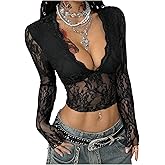 Milumia Women's Floral Lace Long Sleeve Crop Top Sexy V Neck See Through Rave Party Going Out Tee Tops