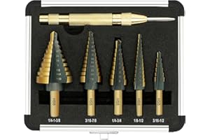 GMTOOLS Step Drill Bit Set - Black and Gold, 6 Pcs High Speed Steel Unibit Drill Bits, Stepped Up Bits & Automatic Center Punch, DIY Lovers with Aluminum Case, Total 50 Sizes for Metal