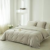 FALUCA 100% Washed Cotton Duvet Cover Set King Size 3 Pieces (1 Duvet Cover 104"x92", 2 Pillow Shams) Breathable Durable Soft Comfy Bedding Set for All Season (Cream Grey, King)