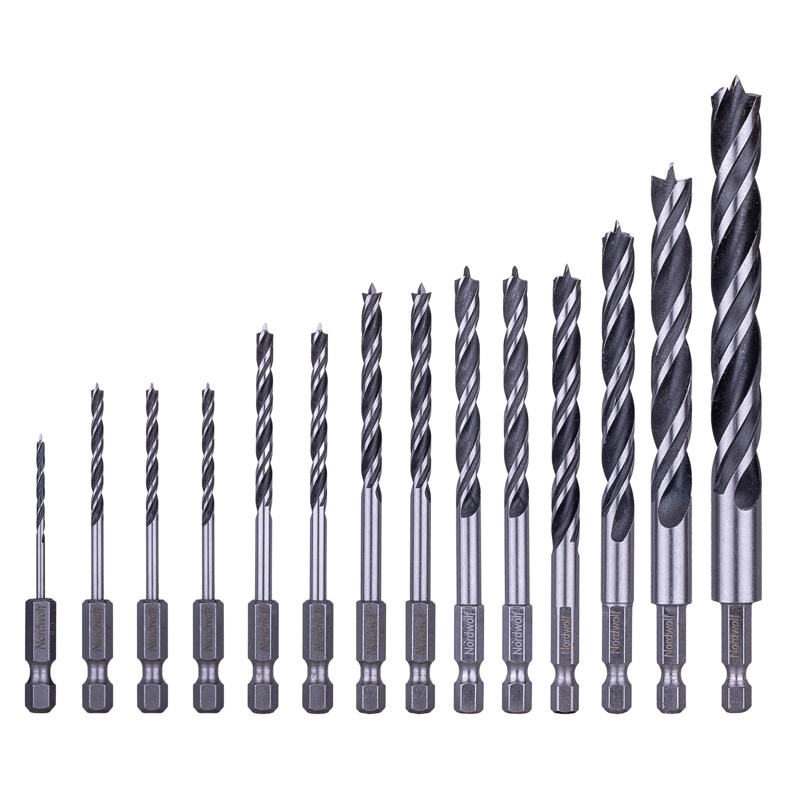 NordWolf 14-Piece Metric Brad Point Wood Drill Bit Set for Carpenter Woodworking, Double Flutes Design with 1/4" Hex Shank for Drills & Impact Drivers, Sizes 2mm to 12mm