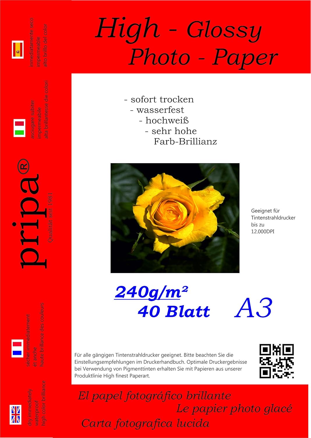 Pripa Fotopapier DIN A4 180g/qm Glossy - 50 Blatt Für Tintenstrahldrucker