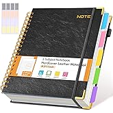 Hardcover Large Spiral Notebook 8.5" x 11" with Removable Dividers Tabs, 300 pages Leather 5 Subject Notebook College Ruled, A4 Journal for Women Men, Notebooks for Work School Note taking,Black
