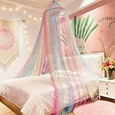 Princess Rainbow Bed Canopy with Stars Glow in The Dark, Eimilaly Bed Canopy for Girls Room Decor or Unicorn Theme Party