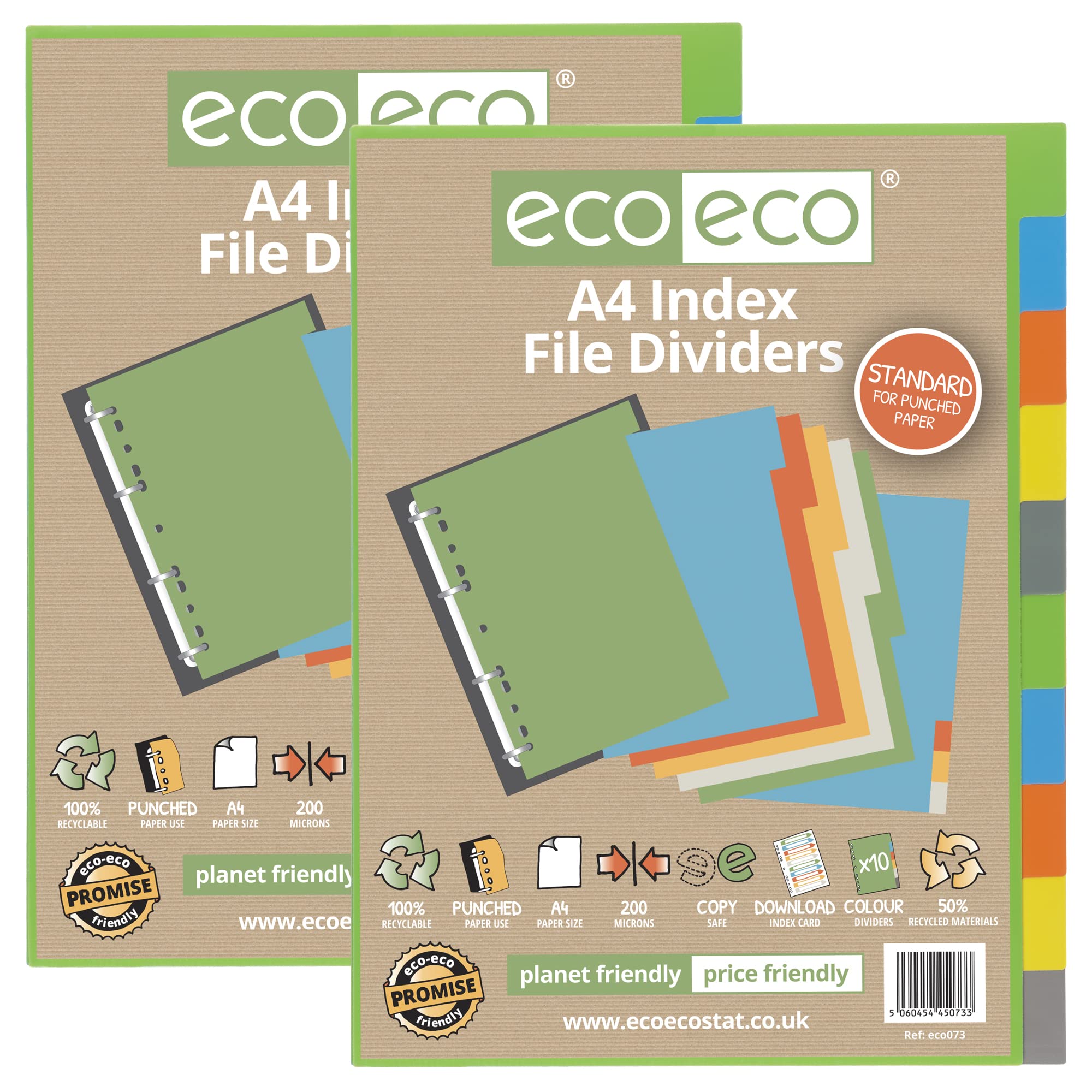 eco-eco A4 50% Recycled Multipunched Reinforced Colour Set 10 Subject Index File Dividers 200mic (Pack of 2) eco073x2