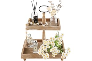 SYNCVIBE Tiered Tray Stand, Rustic Wooden 2 Tier Decorative Tray with Bead Garland, Farmhouse Square Wood Serving Tray Counter Centerpiece for Coffee Bar Home Decor Thanksgiving Housewarming Gifts (Brown)