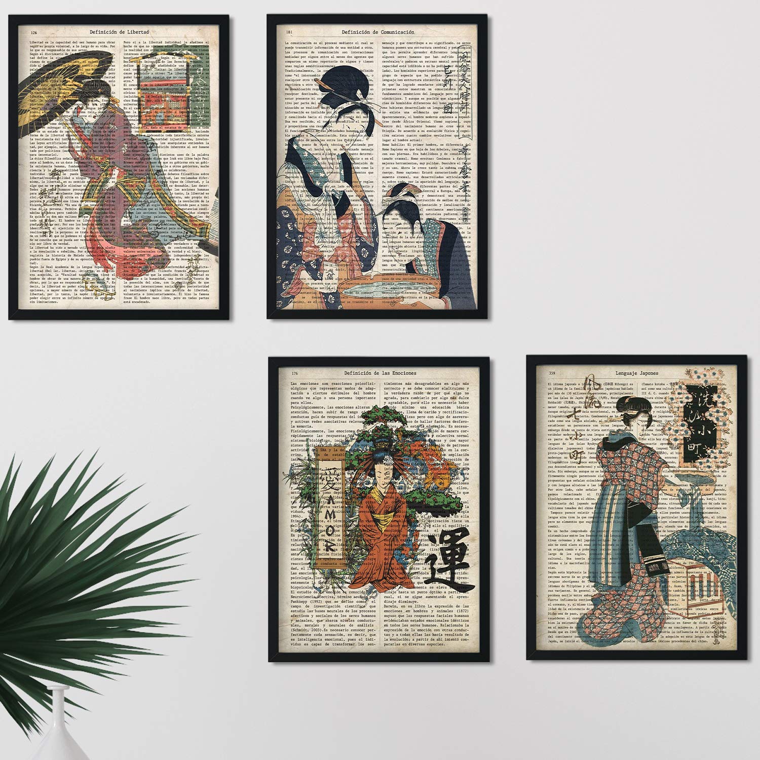 Pack of four Japanese vintage sheets with Japanese language definitions, communication, emotions and freedom A4 size - Unframed. 250 Gr