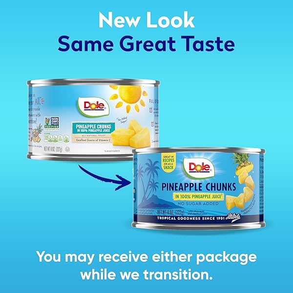 DOLE CANNED FRUIT, PINEAPPLE CHUNKS IN 100% PINEAPPLE JUICE, GLUTEN FREE, PANTRY STAPLES, 8 OZ, PACKAGING MAY VARY