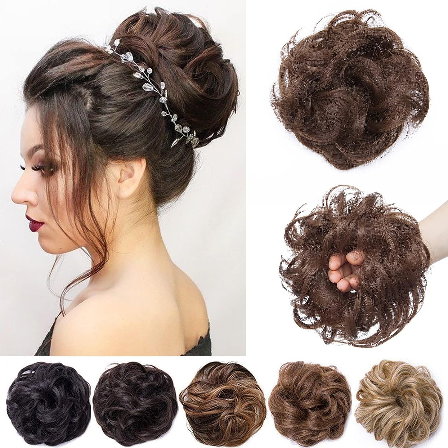 Hair Extensions & Piece Scrunchie Updo Messy Bun Wavy Ombre Natural Brown