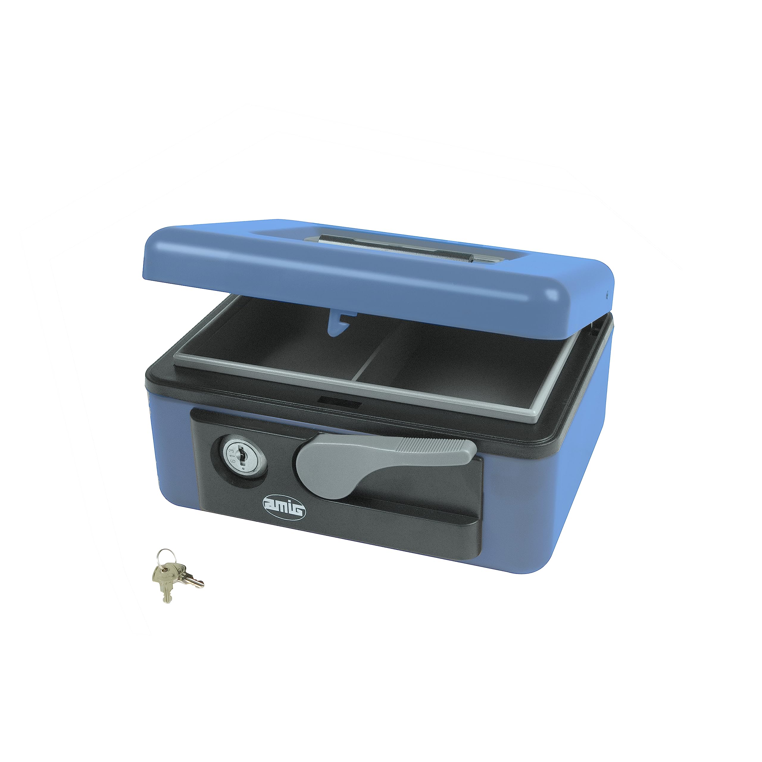 Amig - Steel Cash Box | Security Cylinder & 2 Keys | Coin Tray & Carry Handle | Versatile for Home & Office | Blue, 165 x 125 x 80 mm