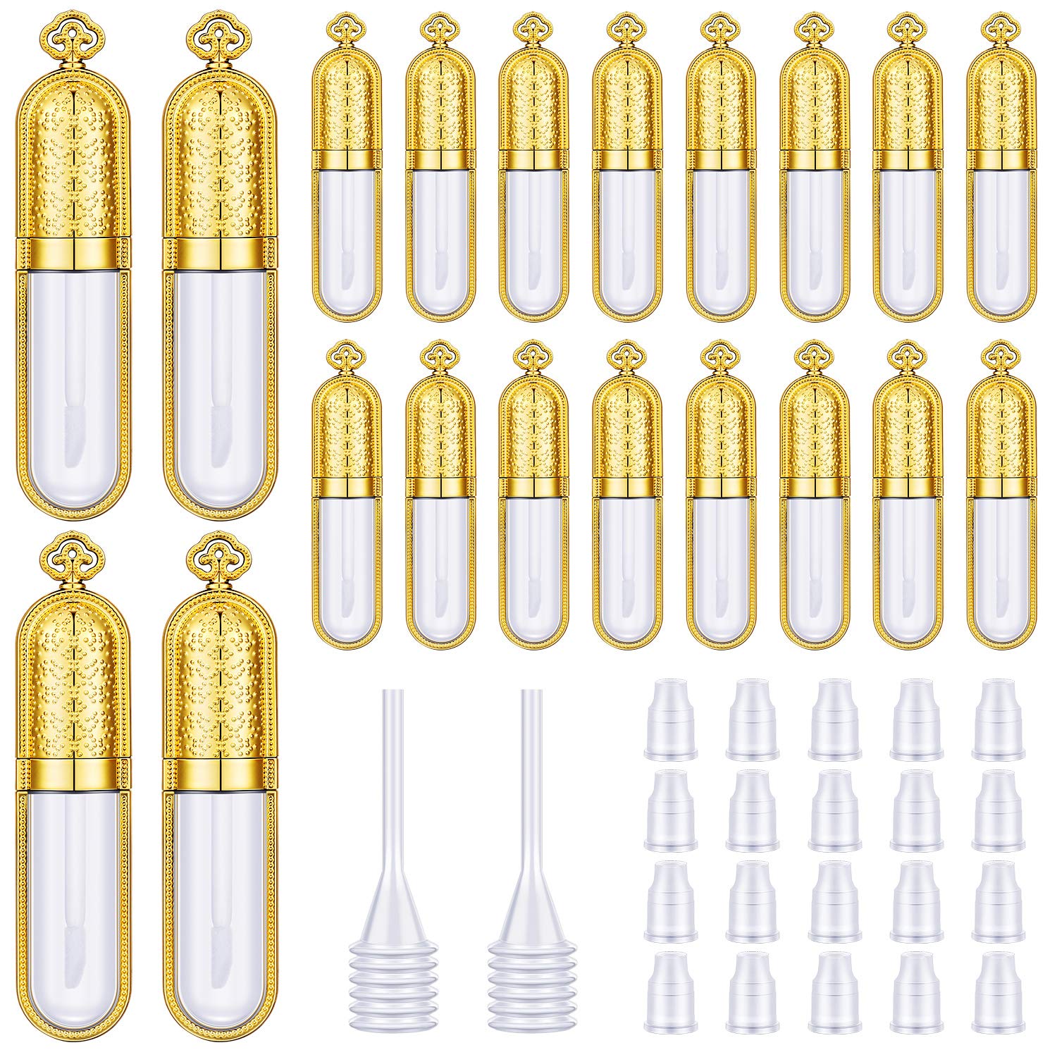 20 Pieces Empty Refillable Plastic Lip Gloss Tube with Refillable Lip Balm Bottle Reusable Sample Bottle Container with 2 Pieces Mini Funnel for Women Girl Lipstick Cosmetic Toiletry, 3 ml (Golden) : Beauty