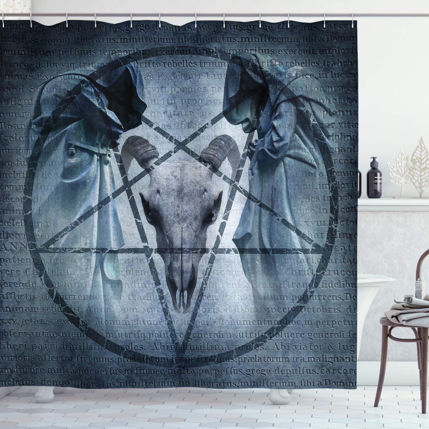 ABAKUHAUS Horror House Shower Curtain, Artwork Pentagram Goat Skull Devil Dream Hooded Exorcist Image, Cloth Fabric Bathroom Decor Set with Hooks, 78 Inches, Blue