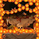 2 Pcs Day of The Dead Decor, Total 13 Ft Lighted Marigold Garland for Altar | 40 LED Artificial Marigold Flowers, 12 Butterfly for Dia De Los Muertos Decorations Diwali Indian Ofrenda Wedding Party Decor
