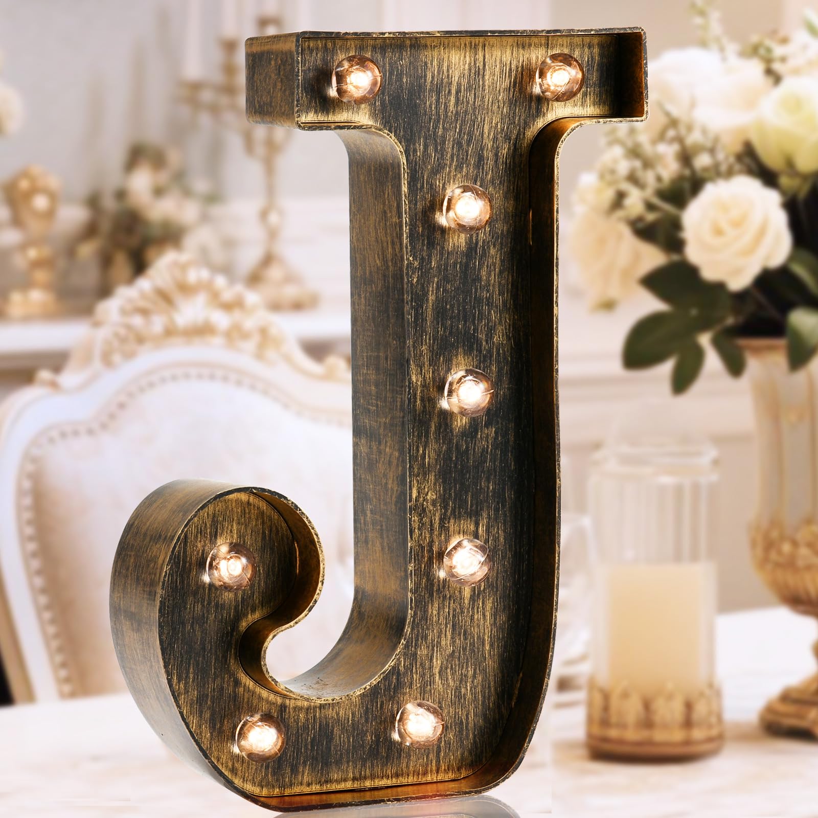 Photo 1 of OYCBUZO Golden Black Led Marquee Letter - Industrial, Vintage Style Light Up Alphabet Letter Sign for Cafe Wedding Birthday Party Christmas Lamp Home Bar Initials Decor - J