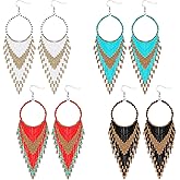 BBTO 4 Pcs Long Beaded Tassel Earrings Bohemia Colorful Native Handmade Statement Fringe Drop Earrings Boho Dangle Tassel Earrings for Women(Elegant Color)