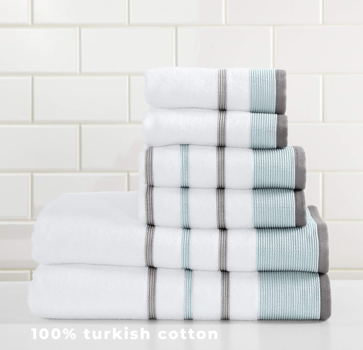 Great Bay Home 100% Turkish Cotton Striped Bath Towels, Luxury 6 Piece Set - 2 Bath Towels, 2 Hand Towels and 2 Washcloths. Highly Absorbent Quick-Dry Towels (6 Piece Set, Eucalyptus/Grey): Home & Kitchen