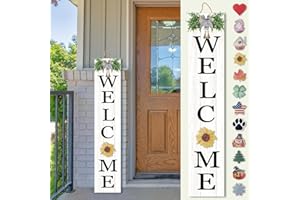 TQIANJIANG Interchangeable Welcome Sign for Front Porch Standing 47"X8" Outdoor Large Wood Frame with 12 Pcs Designed Icons Leaner Vertical Tall Outside Welcome Sign for Front Door Decor (White)