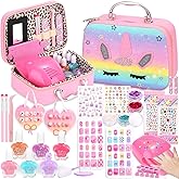 Kids Nail Polish with Press on Nails Set for Girls, Non-Toxic Nail Art Kit with Portable Dryer and Unicorn Case, Cute Stuff Gift Toys for Girls Age 8-12