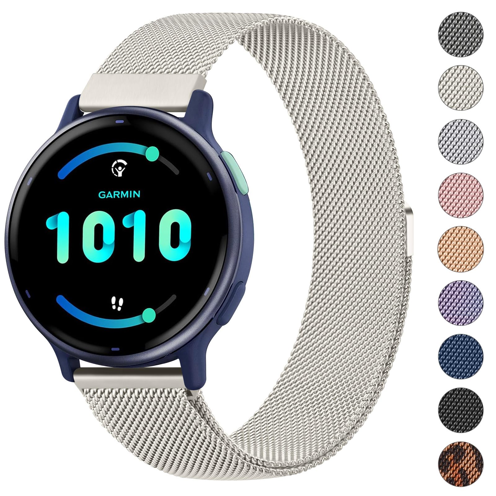 Stainless Steel Metal Strap for Garmin - 20mm Adjustable, Compatible with Vivoactive 5, Vivomove 3, Forerunner 245/645 Music (Starlight)