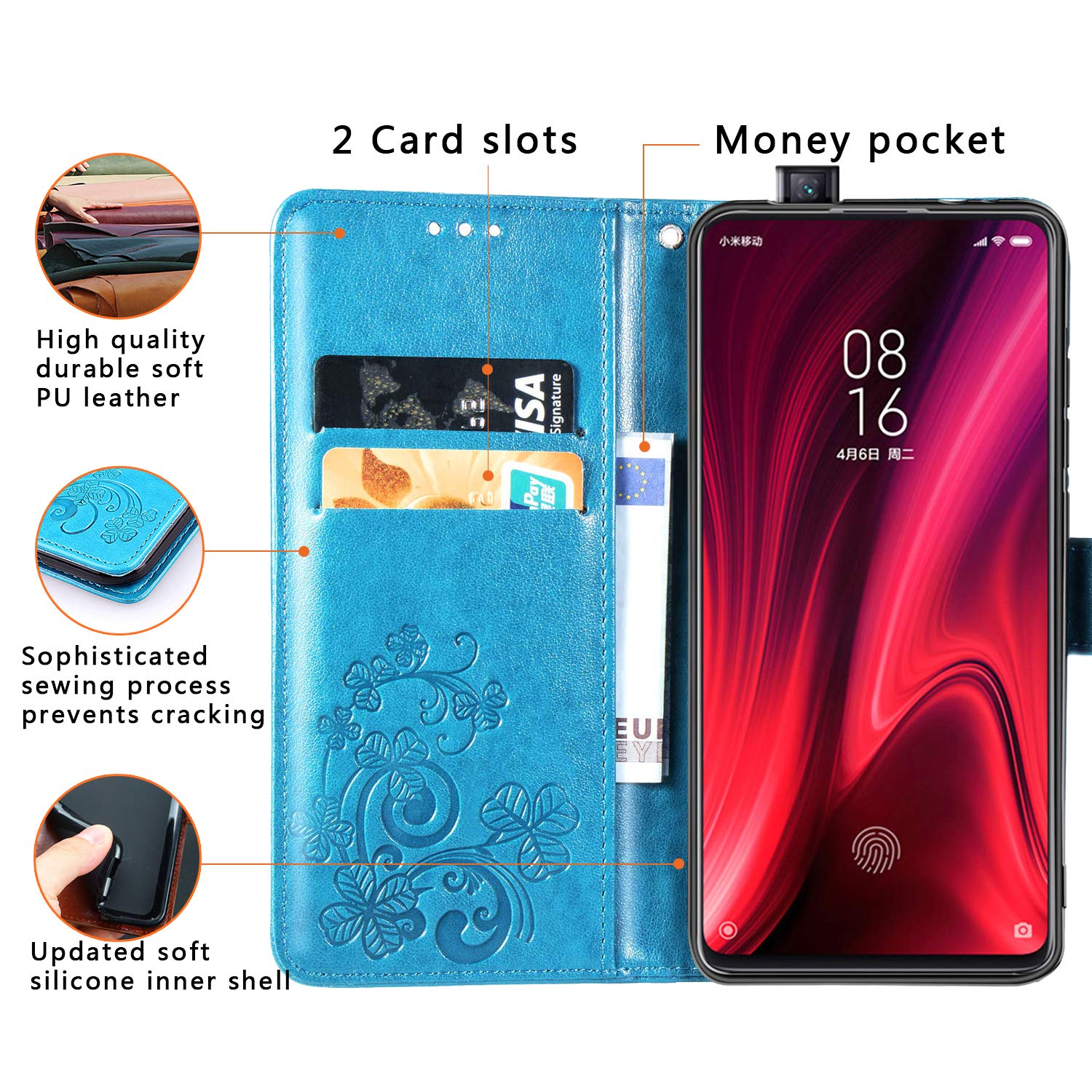 AILRINNI Coque pour Xiaomi Mi 9T, [Porte-Cartes de Crédit] [Fonction Support] [Fermeture Magnétique] Cuir Portefeuille Etui Flip Housse de Protection pour Xiaomi Mi 9T/Mi 9T Pro-Bleu