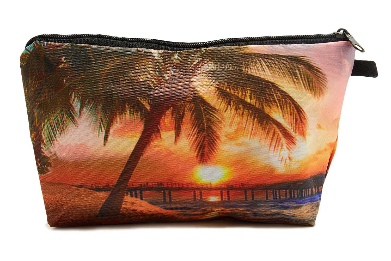 TUONROAD Travel Portable Travel Backpack Cute Cosmetic Pouch Storage 3D Pattern Summer Vacation Beach Theme Sunset Palm Tree the Setting Sun Cool Cinch Bags Zipper Handy Cosmetic Pouch