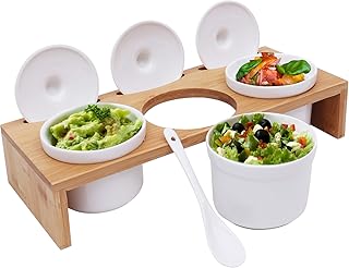 BELLE VOUS Keramiksaucen Gesetzt (3-er) - Auflaufförmchen mit Deckel, Löffel und Bambus Sampler Serviertablett Ideal für Vorspeisen, Souffle, Sauce, Snacks, Büro, Restaurant, Hause