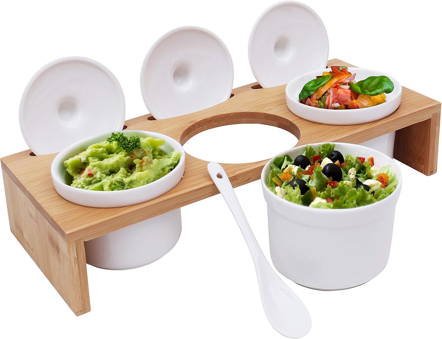 BELLE VOUS Keramiksaucen Gesetzt (3-er) - Auflaufförmchen mit Deckel, Löffel und Bambus Sampler Serviertablett Ideal für Vorspeisen, Souffle, Sauce, Snacks, Büro, Restaurant, Hause
