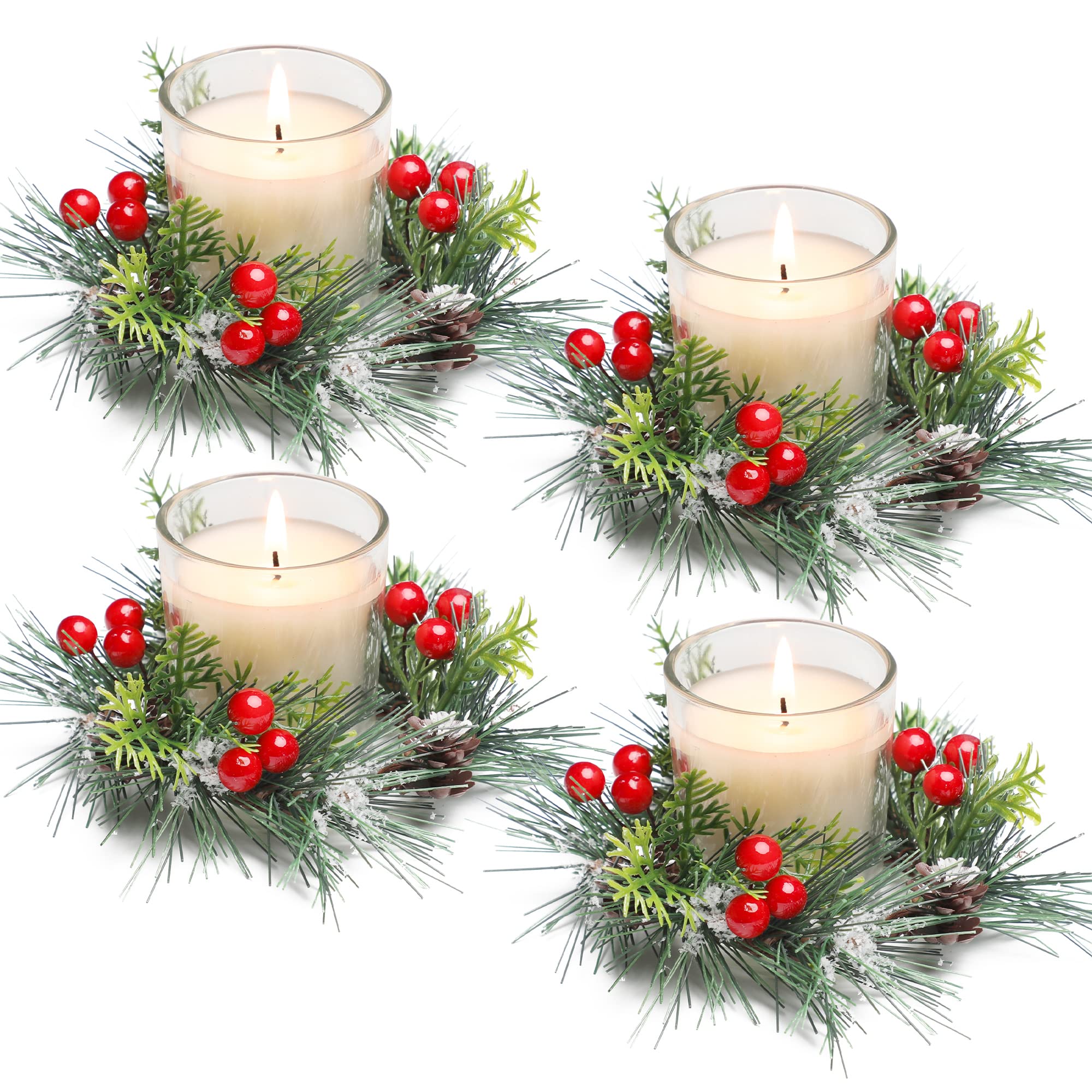 Christmas Candle Ring, Votive Candles with Red Berry and Pinecone Xmas Candle Ring Wreath with Candle Holders Christmas Table Centrepiece Decoration Set of 4 Red