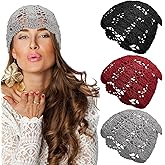 Newcotte 3 Pcs Crochet Slouchy Beanie Hat Women Handmade Knit Floral Summer Skull Cap Stretchy Lightweight Cotton Cutout
