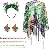 Dqwtb 6pcs Mardi Gras Outfit for Women Mardi Gras Costume Accessory Set with 3 Bead Necklaces Shawl Earrings Headband Purple