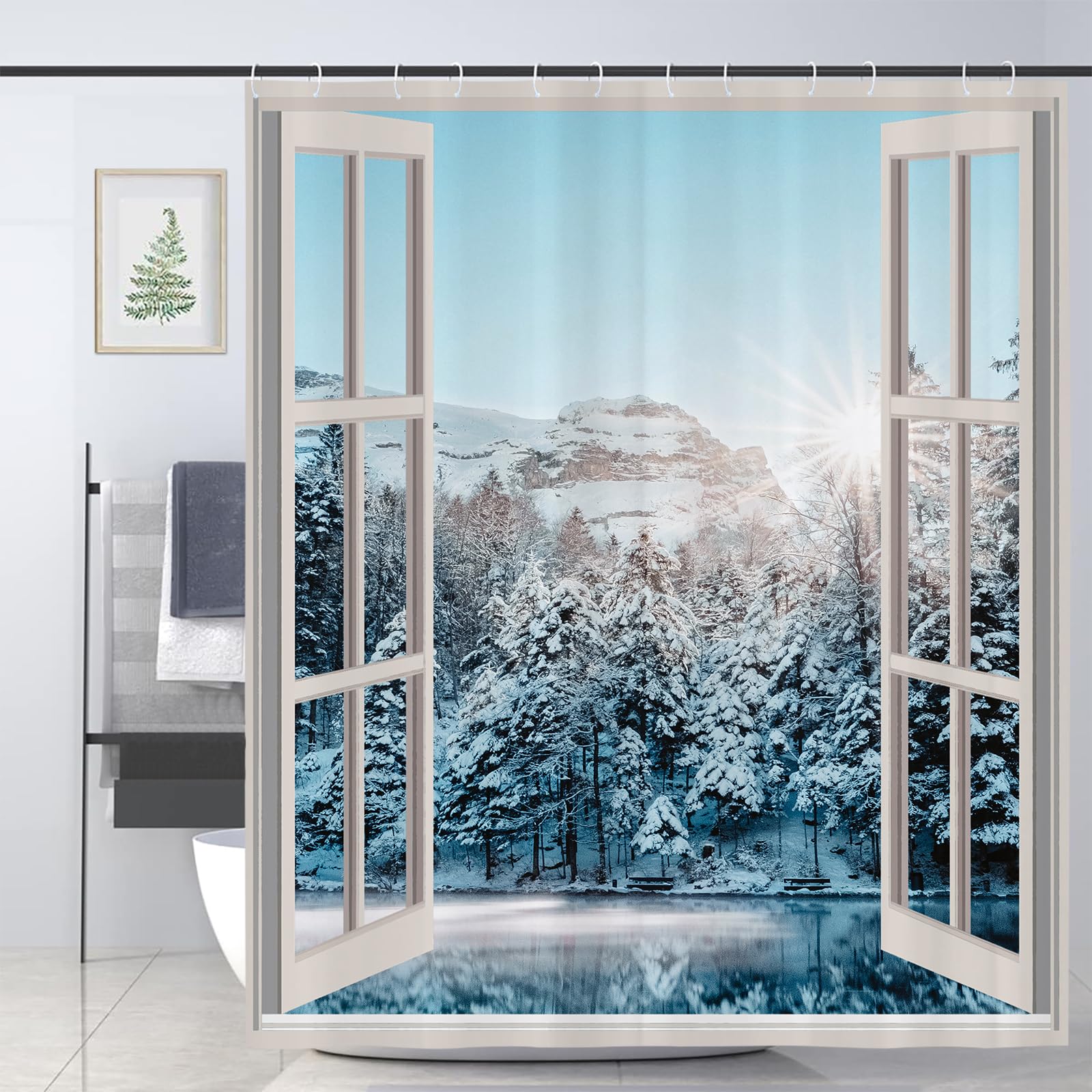 JOOCAR White Nature Shower Curtain Snow Mountain Ice Lake Secnery Shower Curtains Bathroom Decor Polyester Fabric Waterproof Shower Curtain Set with 12 Hooks, 180x180cm