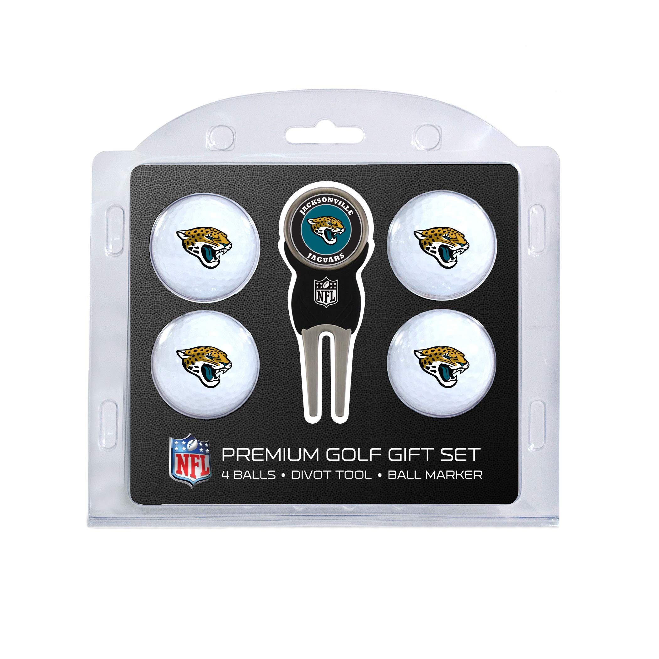Team Golf NFL Jacksonville Jaguars 4 Golf Ball And Divot Tool Set Regulation Size Golf Balls (4 Count) & Divot Tool with Removable Double-Sided Magnetic Marker