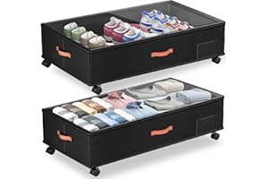 ASHWANTH Under Bed Storage with Wheels,2-Pack Under Bed Storage Containers with Clear Lids,XXL Large Under the Bed Storage Organizer Bins With Handles,Space Saving Design for Clothes,Shoes,Books-Black