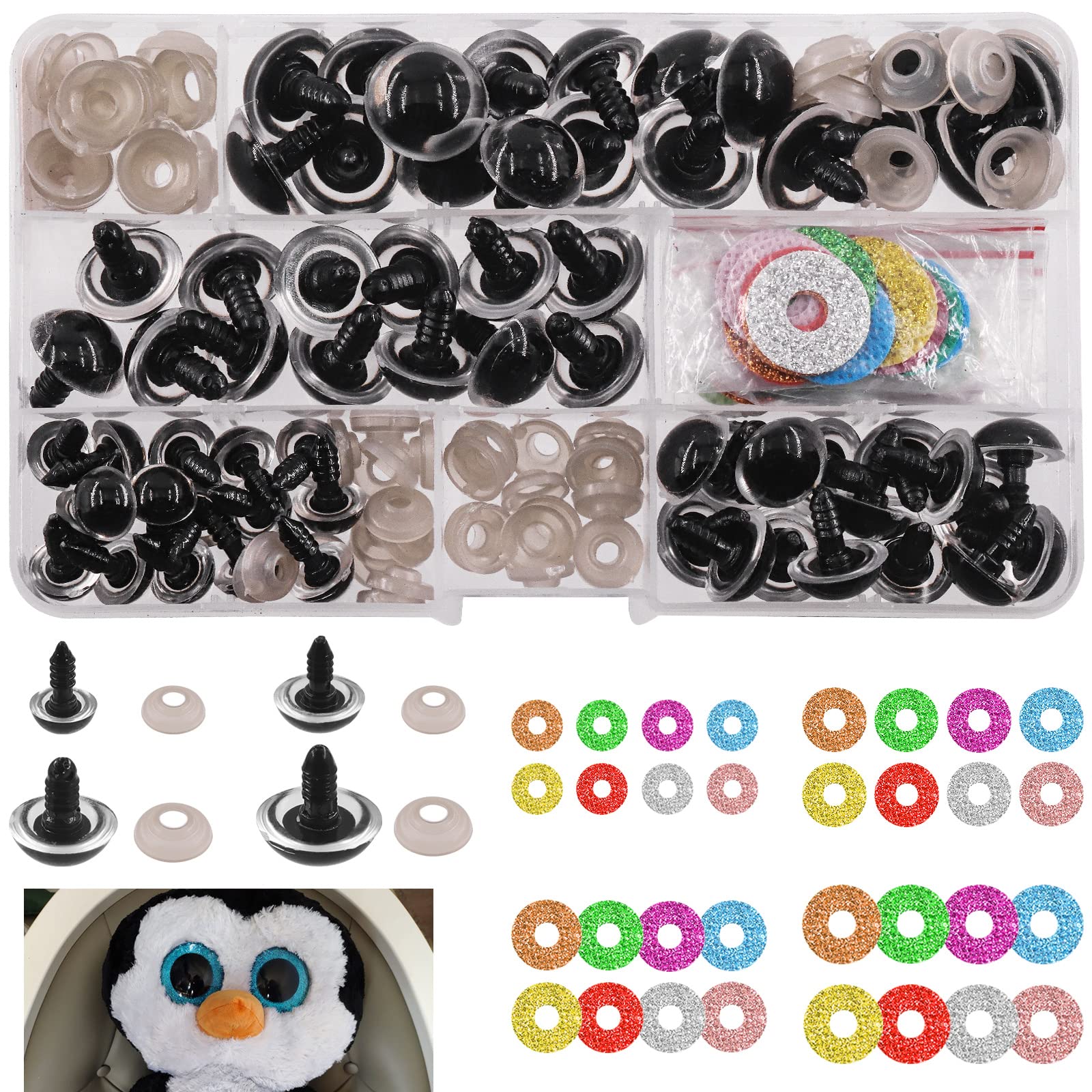 Wokape 192Pcs 4 Sizes 12mm 16mm 18mm 20mm Flickering Glitter Safety Eyes with Washers and Glitter Discs for Plastic Doll Animal Crafts, Doll Making