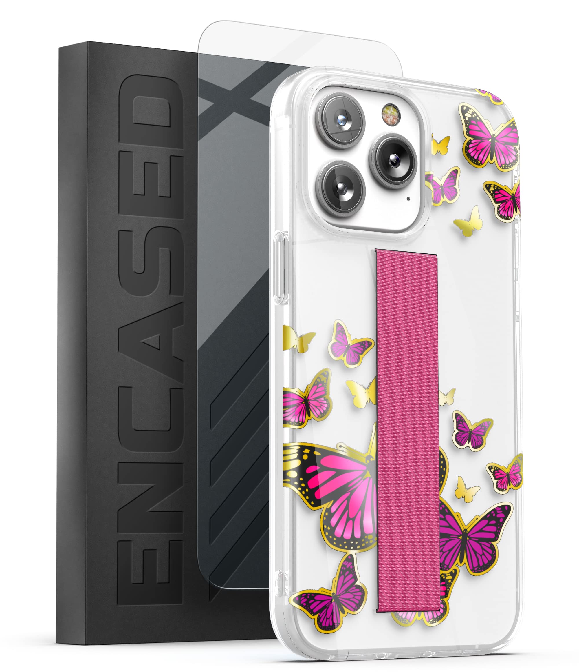 ENCASED Hand Grip Case Designed for iPhone 14 Pro Case with Finger Loop and Tempered Screen Protector (Pink Butterfly)