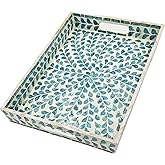PEMAR Rectangular Mother of Pearl Serving Tray Nacre Wood Lap Ottoman Tray for Coffee Table, Luxury Decorative Handmade Eating Platters w Insert Handles (Teal Floral Pattern)