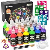 Shuttle Art Fabric Paint, 24 Colors 3D Permanent Paint with Brushes Palette Pen Fabric Sheet Stencils, Glow in The Dark, Glitter, Metallic Colors for Textile Fabric T-shirt Jeans Glass