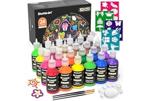 Shuttle Art Fabric Paint, 24 Colors 3D Permanent Paint with Brushes Palette Pen Fabric Sheet Stencils, Glow in The Dark, Glitter, Metallic Colors for Textile Fabric T-shirt Jeans Glass